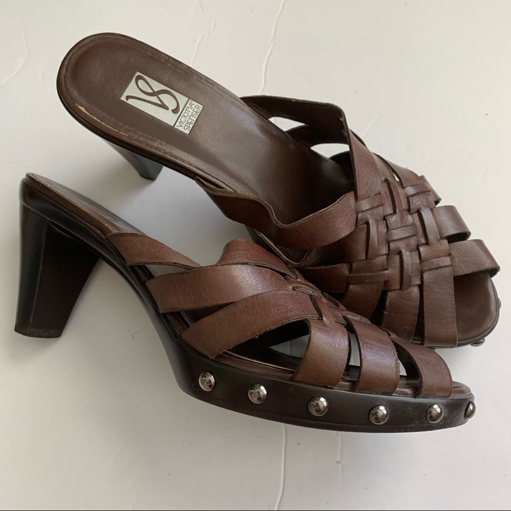 Victoria Spencer Limits Strappy Leather Mule High Heel Sandals Dark Brown 9.5M